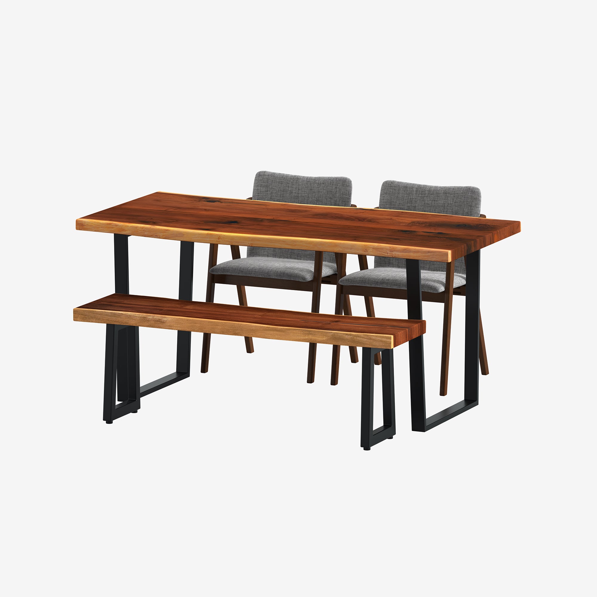 Dining Table Set for 4 American Black Walnut Dining Table 1.8m + Ralph Walnut Bench 1.5m + 2 Emma Mocha Walnut Dining Chairs