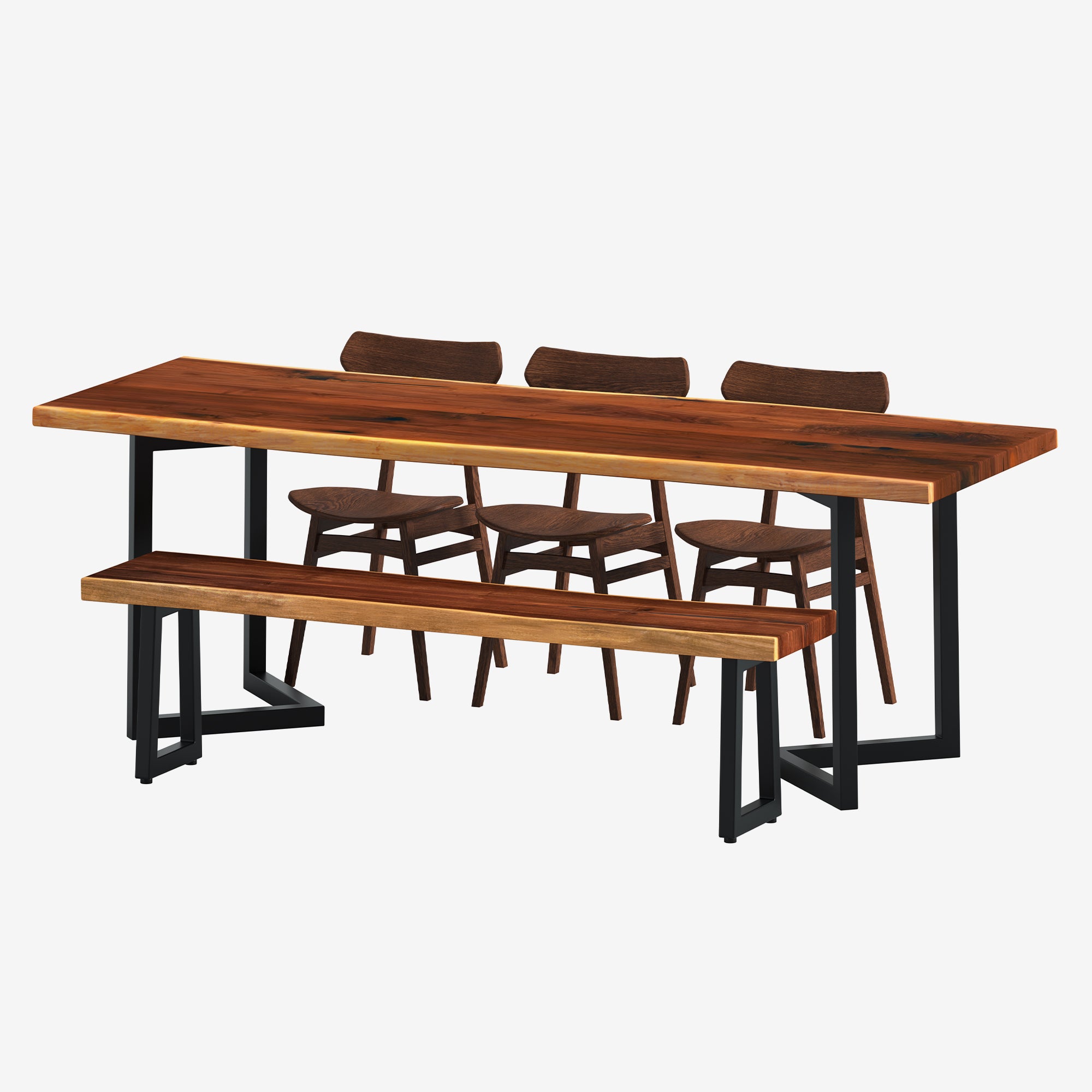 Dining Table Set for 6 American Black Walnut Dining Table 2.2m + Ralph Walnut Bench 1.5m + 3 Clifton Caramel Oak Dining Chairs