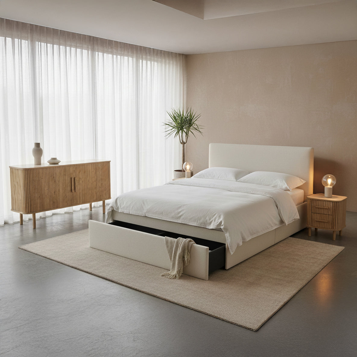 Lisbon Fabric Storage Bed Queen Lifestyle Photo