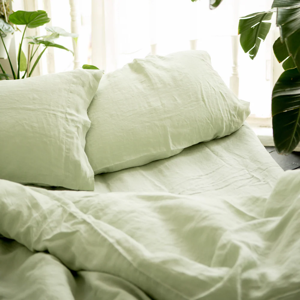 Sunday Bedding - French Linen Sheet Set in Sage Green Lifestyle Photo