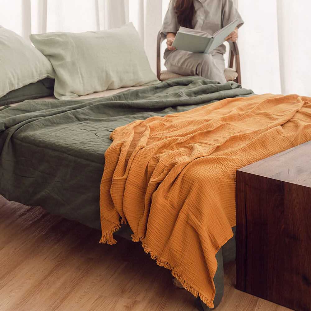 Sunday Bedding - Organic Cotton Cloud Throw Sienna Yellow Lifestyle Photo