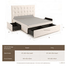 An upholstered storage bed with a tufted headboard and three open side/storage drawers