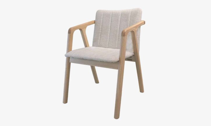 Emma Dining Chair with Armrests in Natural Rubberwood and light fabric