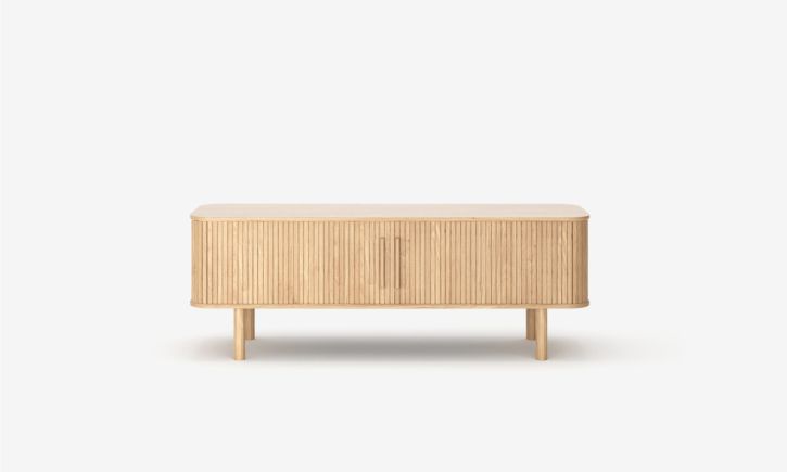 Product photo of Japandi style Havana TV Console in 150cm oak veneer front view with closed doors