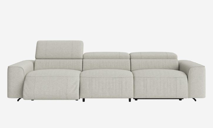 Stone coloured modern three-seater sofa with adjustable backrests, slightly raised middle and right cushions, and sleek rounded armrests.