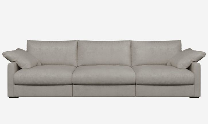 A light gray leather, three-seater sofa with plush cushions and a modern, minimalist design.