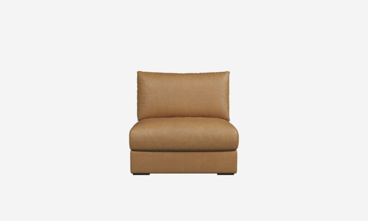 A brown, armless sofa chair with a cushioned seat and backrest.
