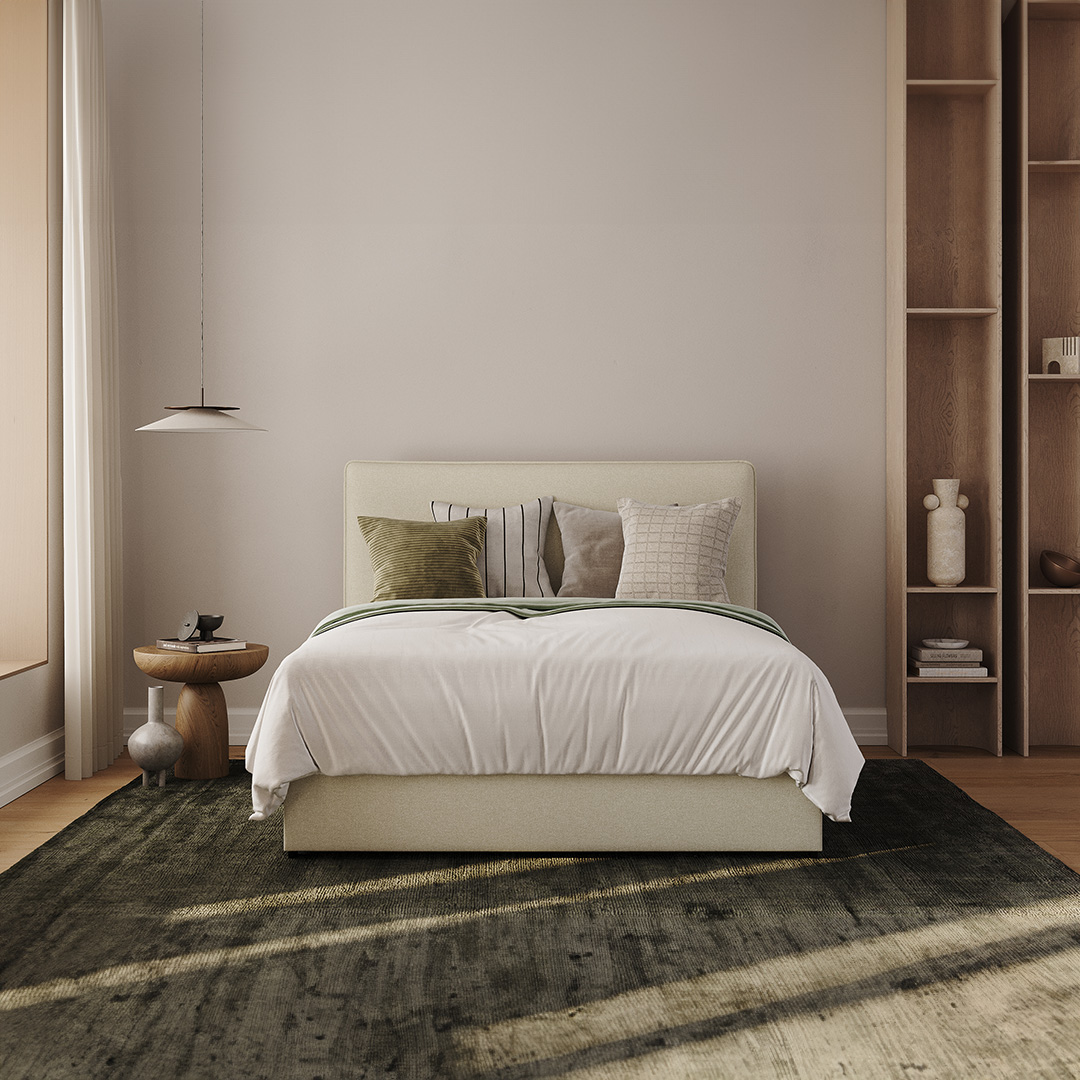 Lifestyle photo of Lisbon Queen Size Storage Bed Frame in Japandi Style Bedroom