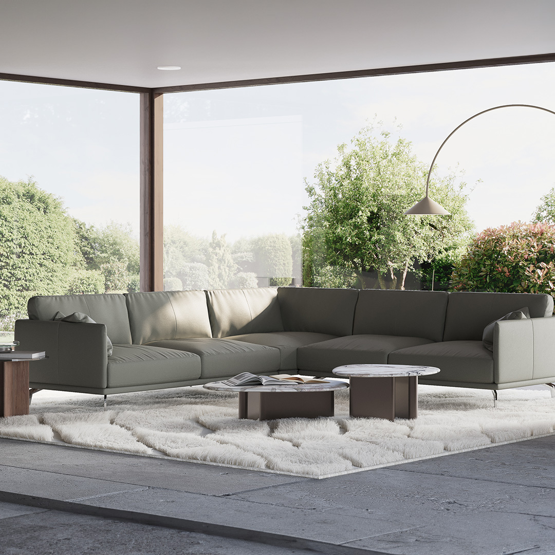 Lifestyle photo of Portage L-Shaped Sectional Sofa in Brianne Grey Leather in modern luxury living room
